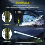 lampe torche vert olive texturée moderne robuste lentille fresnel bouton contrôle poignée zoomable modes