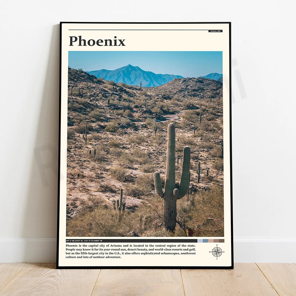 Un paysage désertique avec des cactus et montagnes à l'horizon, représentant la ville de Phoenix, en Arizona, connue pour son climat ensoleillé et sa culture du Sud-Ouest.