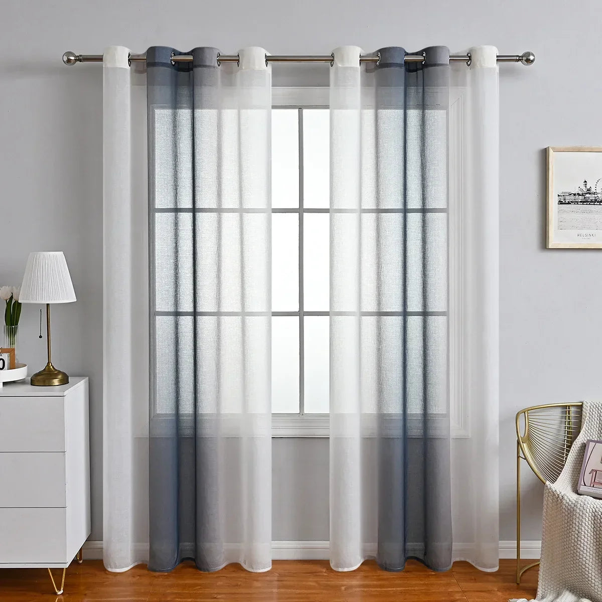 rideau moderne gris blanc ombre translucide 100 polyester panneaux anneaux métalliques chambre salon