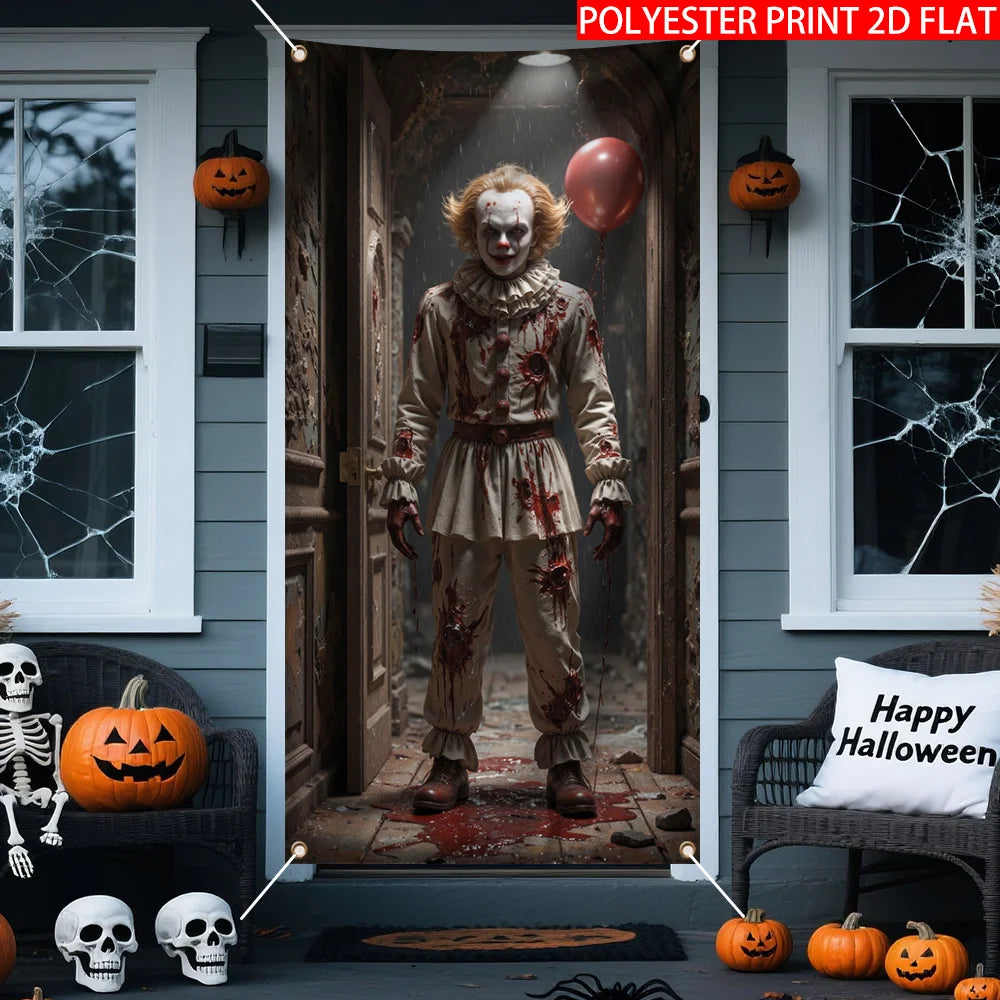 décoration murale halloween poster clown macabre citrouille squelette toile d'araignée gris rouge noire