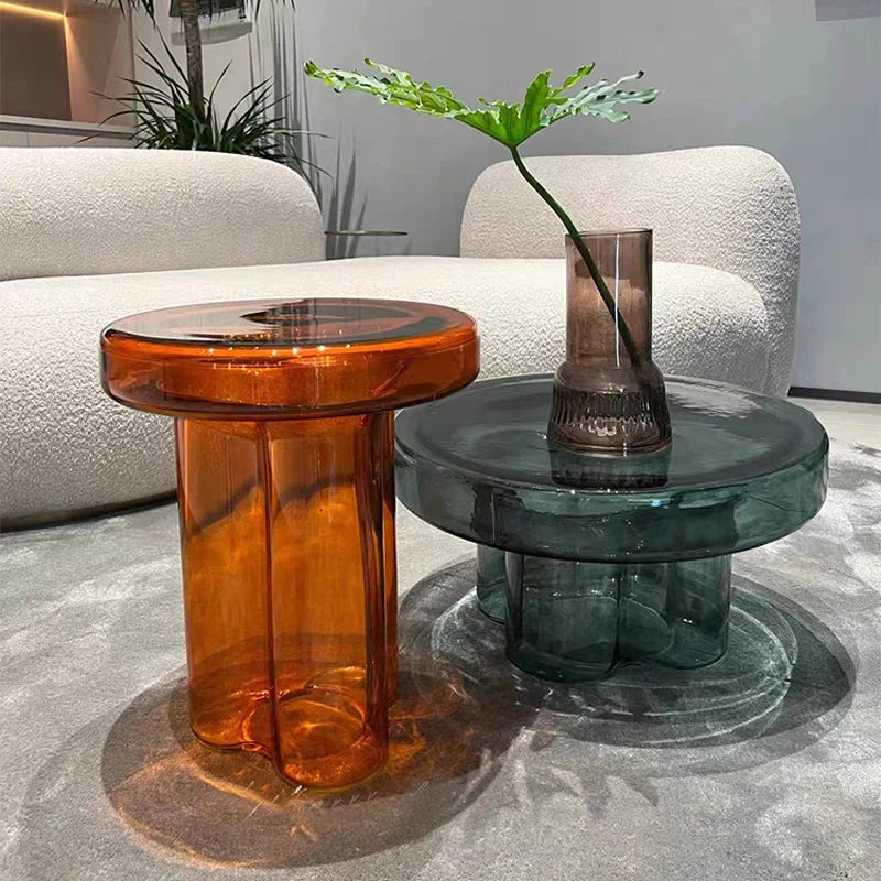tables basses modernes verre texturé transparent sculptural maison deco orangerousse grisvert