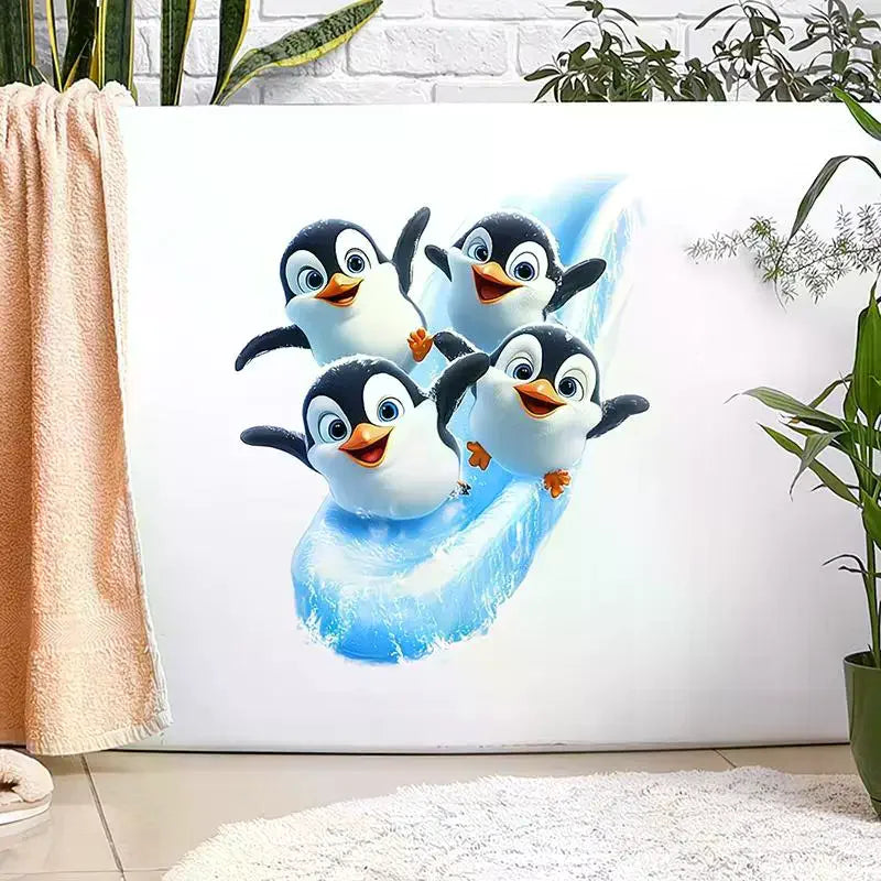autocollant mural pingouins vague dessin animé adhésif blanc noir bleu orange semi transparent chambre