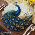 napperons élégants paon motifs plumes bleu vert or assiettes décoratives table moderne