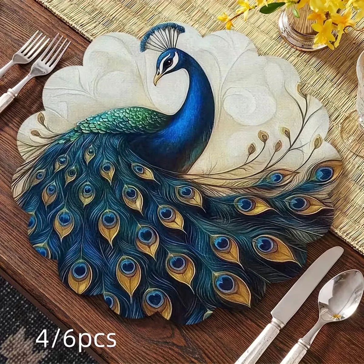 napperons élégants paon motifs plumes bleu vert or assiettes décoratives table moderne