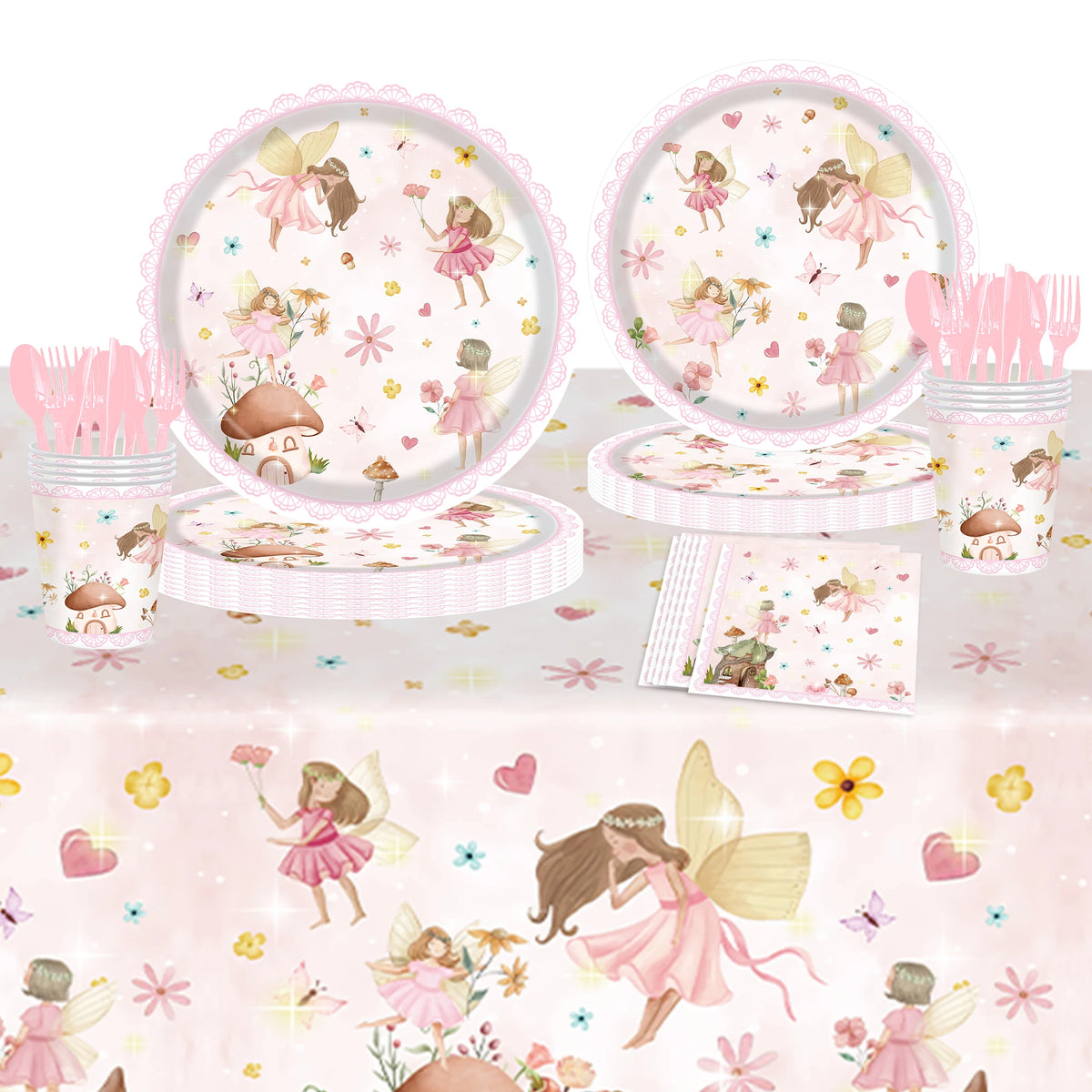 décoration fête anniversaire fées assiettes serviettes nappe illustrations scènes naturelles coeurs papillons champignons fleurs