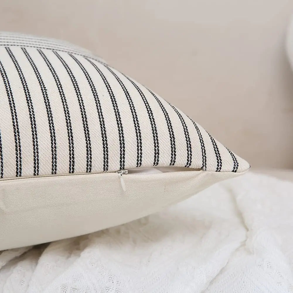 housse coussin carré rayé moderne coton lin 45x45 50x50 60x60 beige noir salon chambre