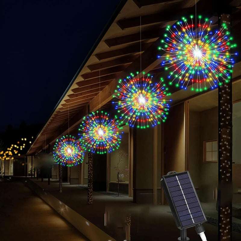 guirlande lumineuse solaire feu d'artifice multicolore jaune or extérieure festive nocturne