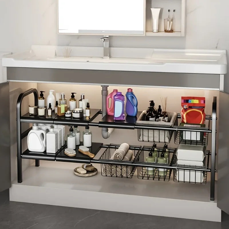 rangements extensibles sous lavabo noir blanc modernes paniers mailles métalliques minimalistes adjustable supports horizontaux