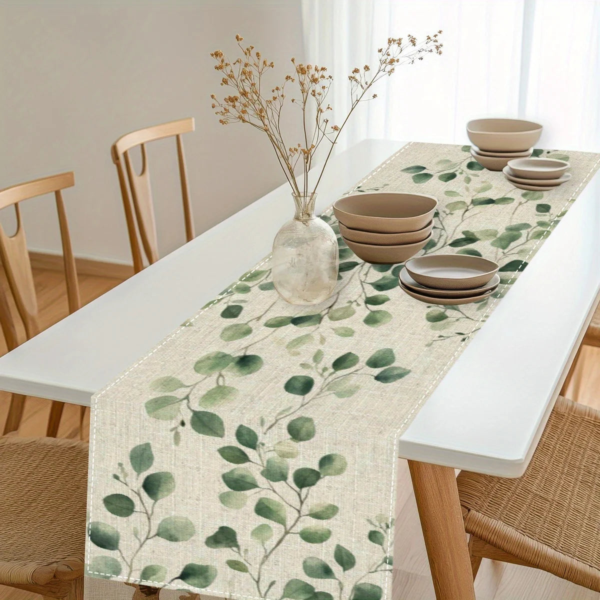 table chevet chemin table lin feuilles eucalyptus vertes moderne naturel
