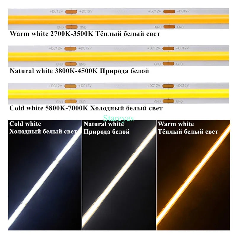 ruban led cob 320 480 led jaune orange rouge vert bleu blanc moderne 5m