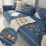 Housse canapé moderne ethnique bleu triangle motif coussins assortis polyester chenille machine lavable