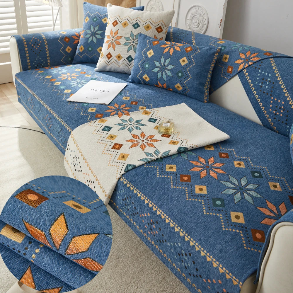 Housse canapé moderne ethnique bleu triangle motif coussins assortis polyester chenille machine lavable
