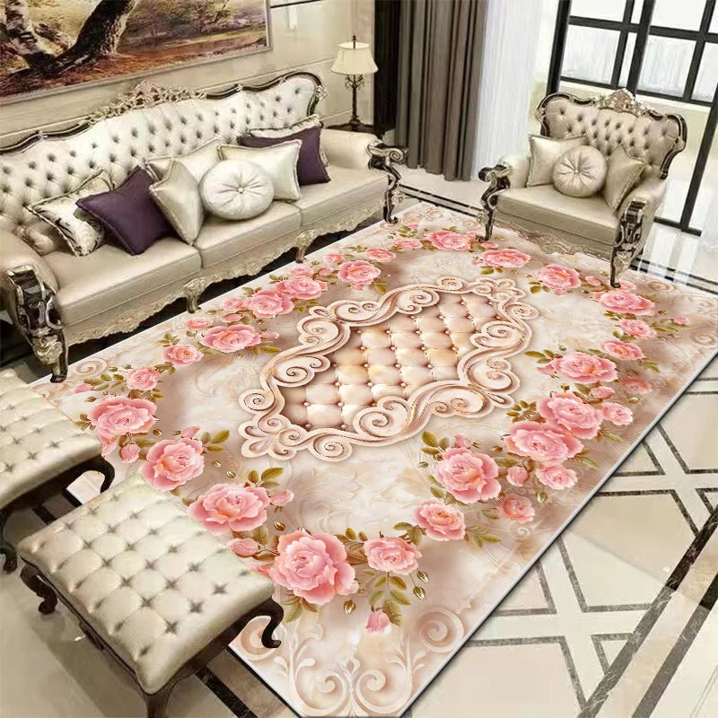 Un tapis ornementé de roses délicates et de motifs élégants qui complète avec grâce l'élégant mobilier d'un salon sophistiqué.