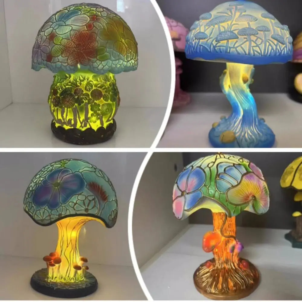 lampe poser résine multicolore fleurs champignons art nouveau apaisante veilleuse vintage