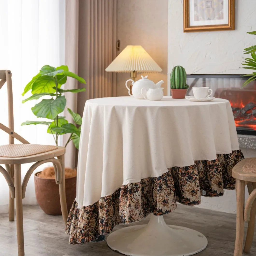 nappe table ronde jacquard floral couleurs vives blanc bleu rose vintage romantique polyester coton