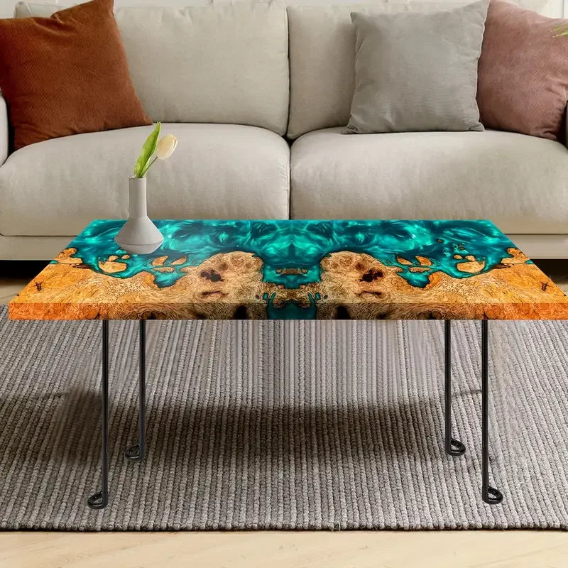 table basse bois marron bleu translucide résine moderne artisanalement fabriquée pieds métalliques noirs unique