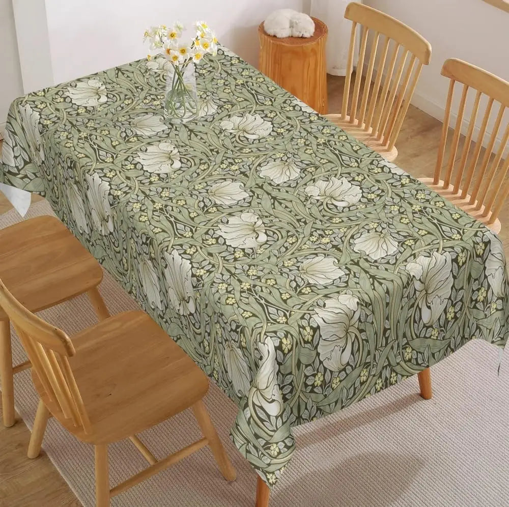 nappe fleurs stylisées art nouveau vert clair blanc rectangle polyester réutilisable table mangercoration festive