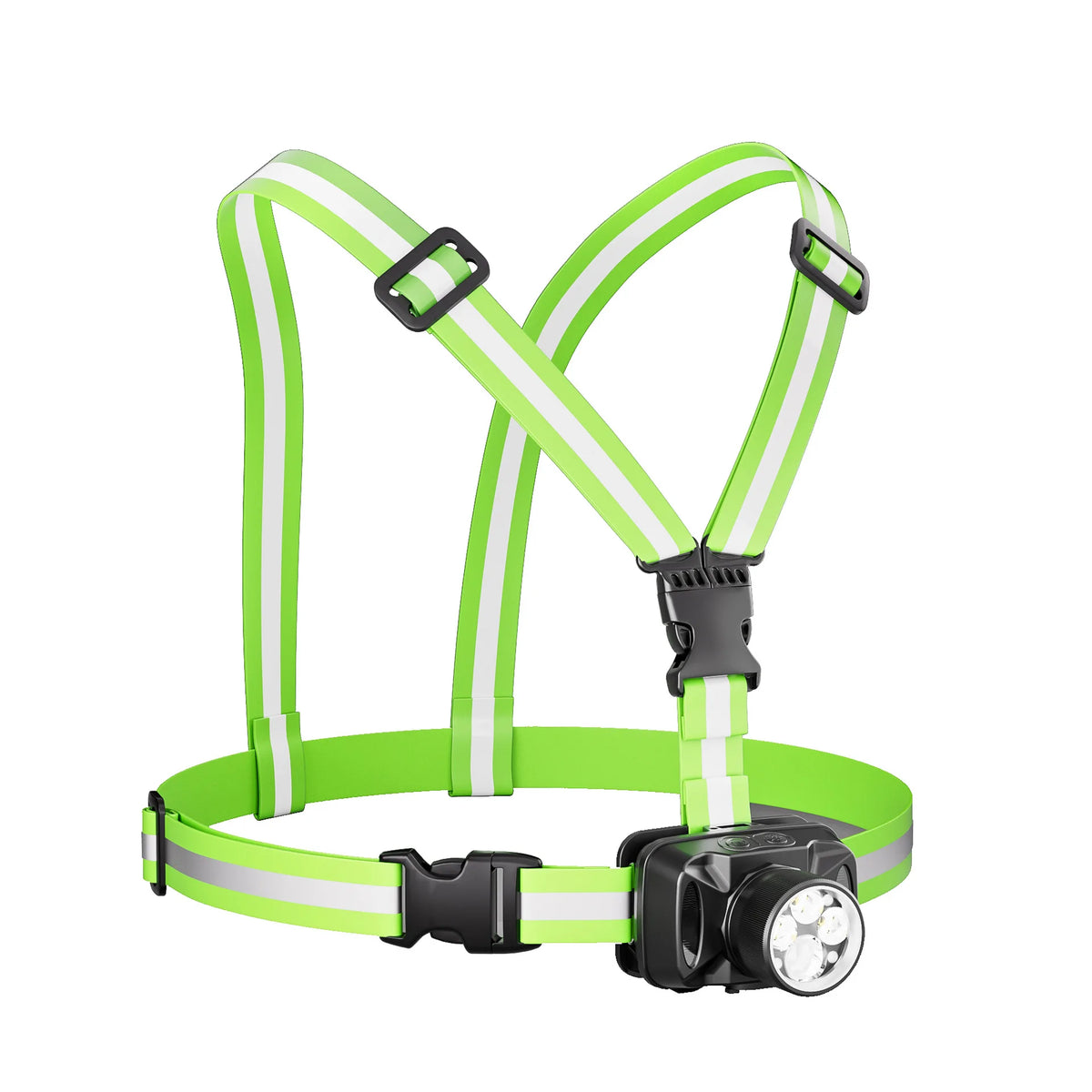 lampe torche frontale rechargeable vert fluo bandes réfléchissantes boucle ajustable modes lumière sportive moderne