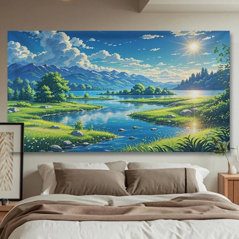 tapisserie murale paysage nature montagnes rivières océan décoration chambre salon textile polyester grande taille