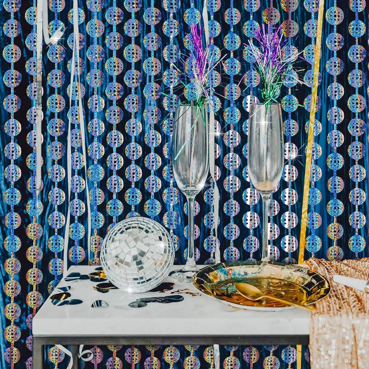 rideau decoratif disco festif cercles geometriques argent bleu semi transparent moderne event anniversaire mariage