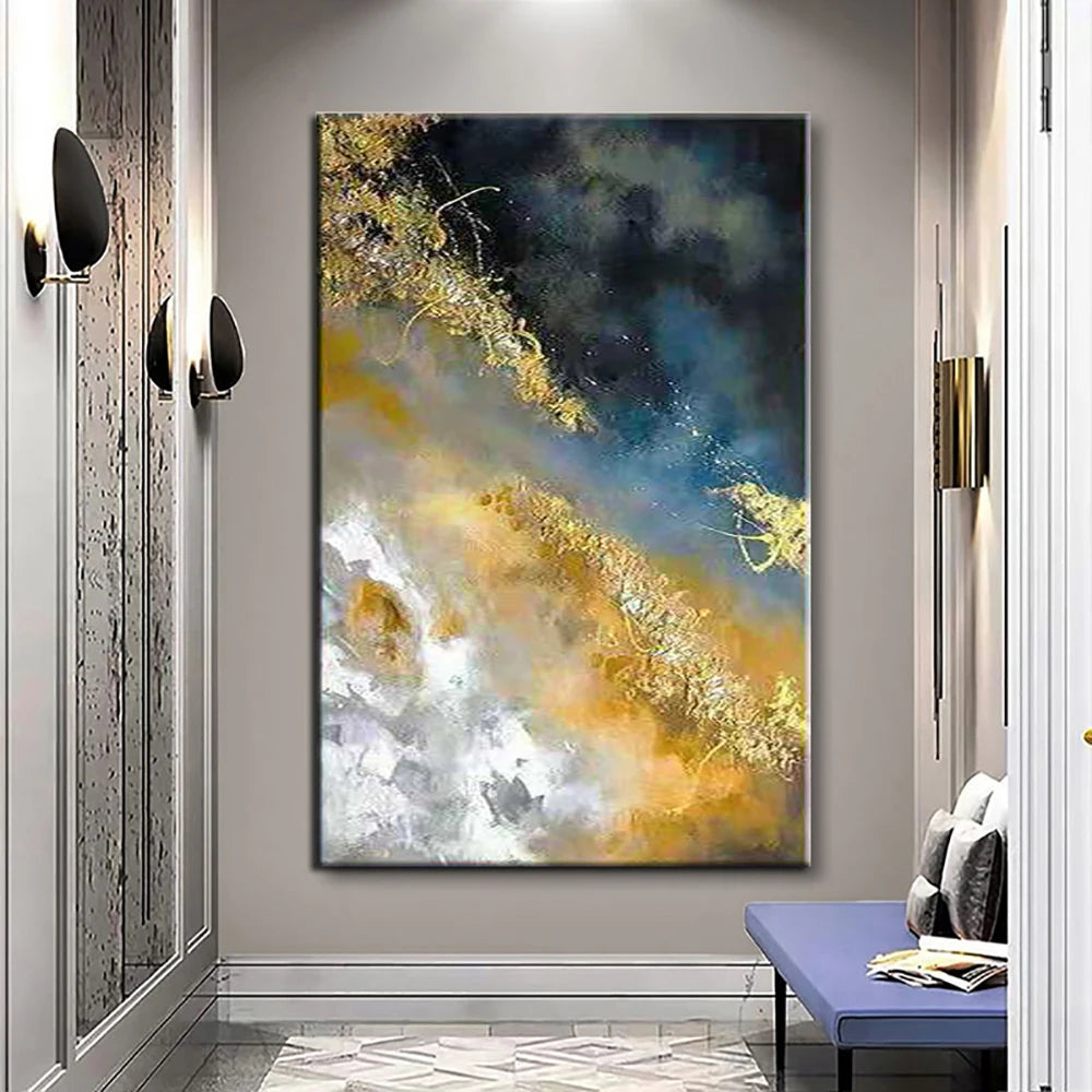 tableau abstrait moderne peintures l'huile noir bleu gris orange blanc toile rectangle vertical sans