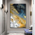 tableau abstrait moderne peintures l'huile noir bleu gris orange blanc toile rectangle vertical sans