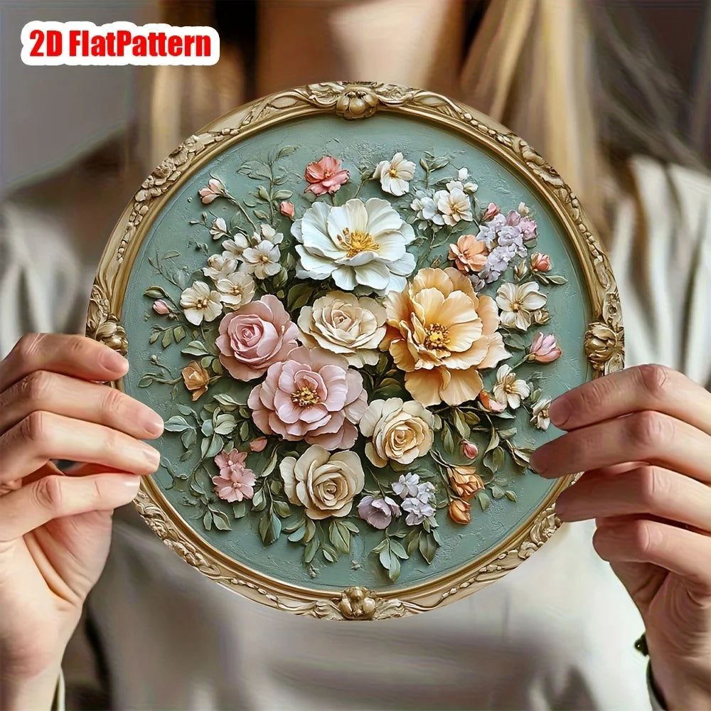décoration murale ronde motif floral vintage roses feuilles vert menthe blanc