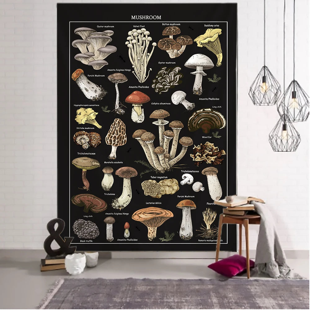 tapisserie murale tissée champignons noirs vintage décoration chambre sorcellerie bohème polyester rectangle