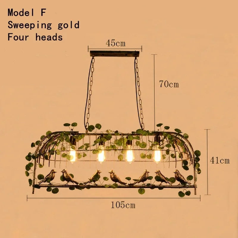 suspension lumineuse vintage oiseaux métal feuilles vert ampoules noir doré rustique