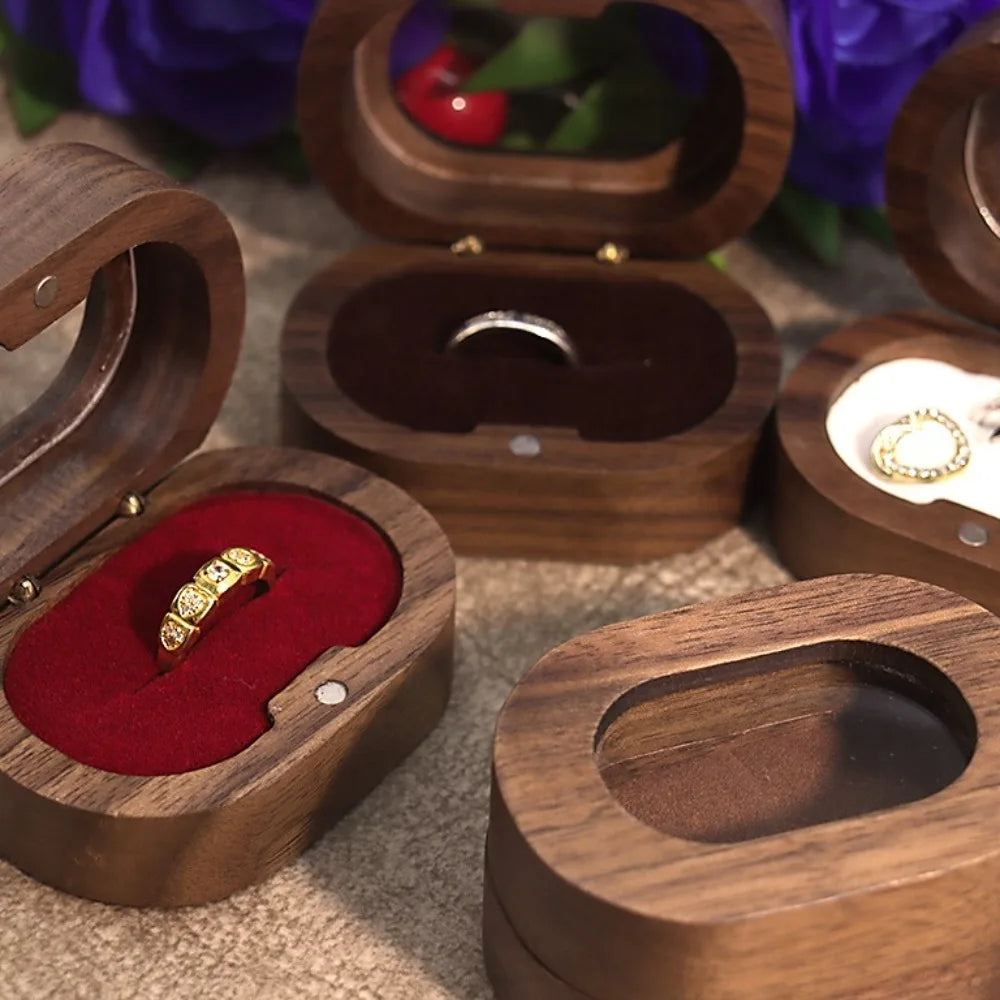 boîte bois rangement bague mariage fiançailles classique or argent clips étui transporte bijoux