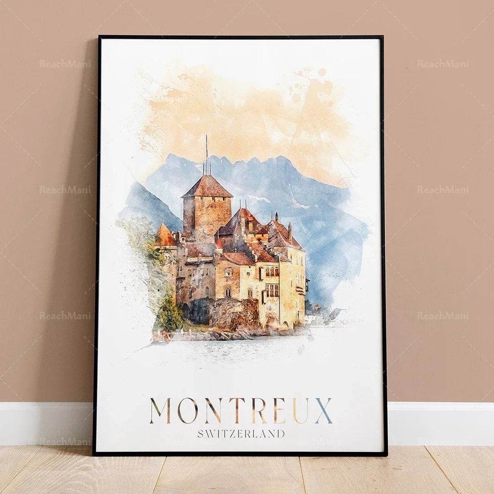 Illustration aquarellée du château de Montreux, village suisse niché au bord du lac Léman, avec ses montagnes en arrière-plan.