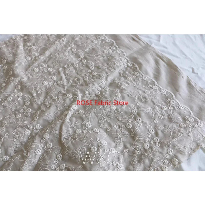 tissu coton lin brodé fleurs 3d beige clair classique decoration maison bricolage nappe oreiller