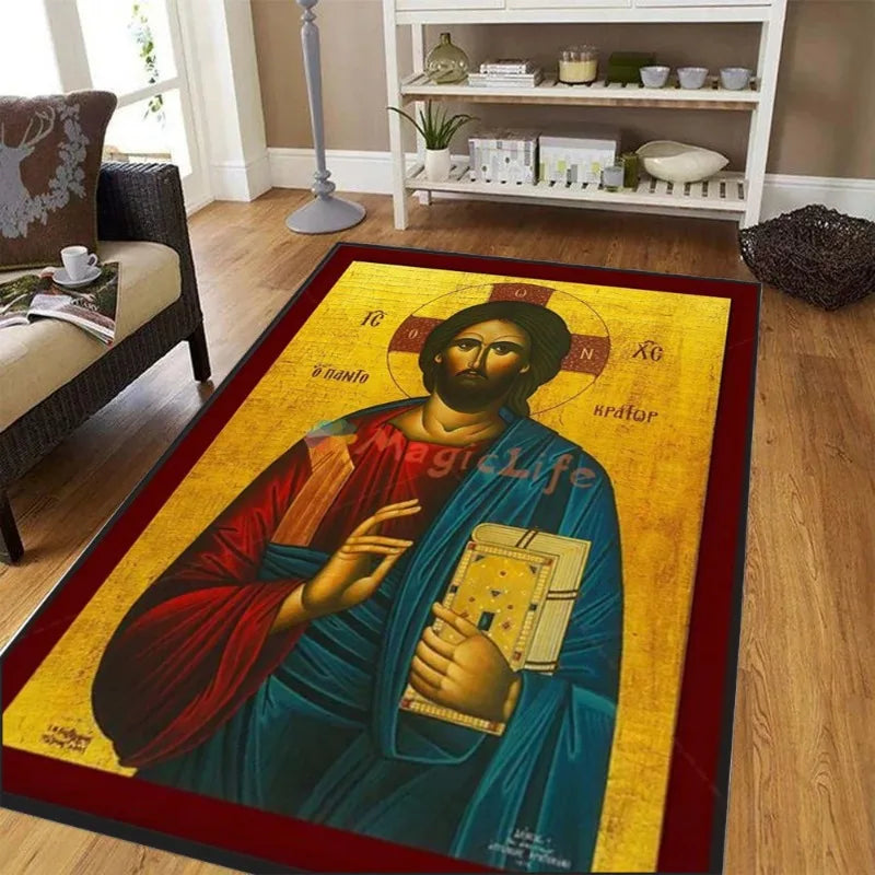 tapis religieux icône orthodoxe rouge bleu doré motif traditionnel salon chambre maison décoratif moderne
