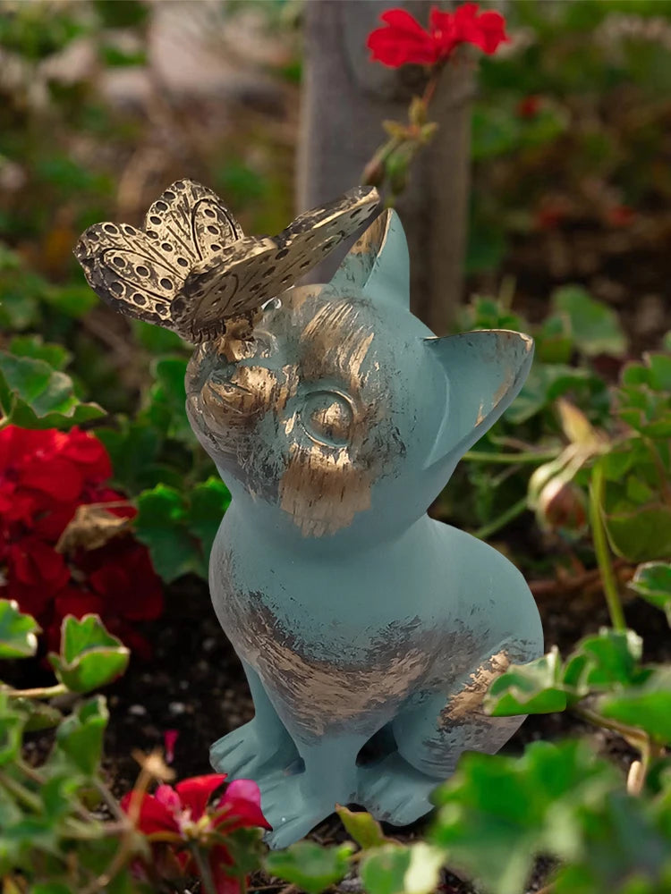 statue chaton papillon résine bleu turquoise doré aspect vieilli patio jardin