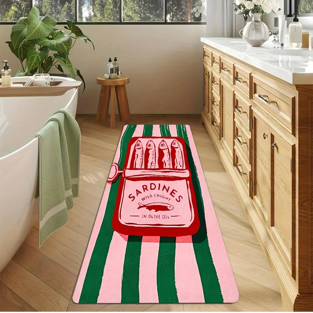 tapis moderne rayures vertes roses antidérapant flanelle polyester sardines illustration salle bain entrée