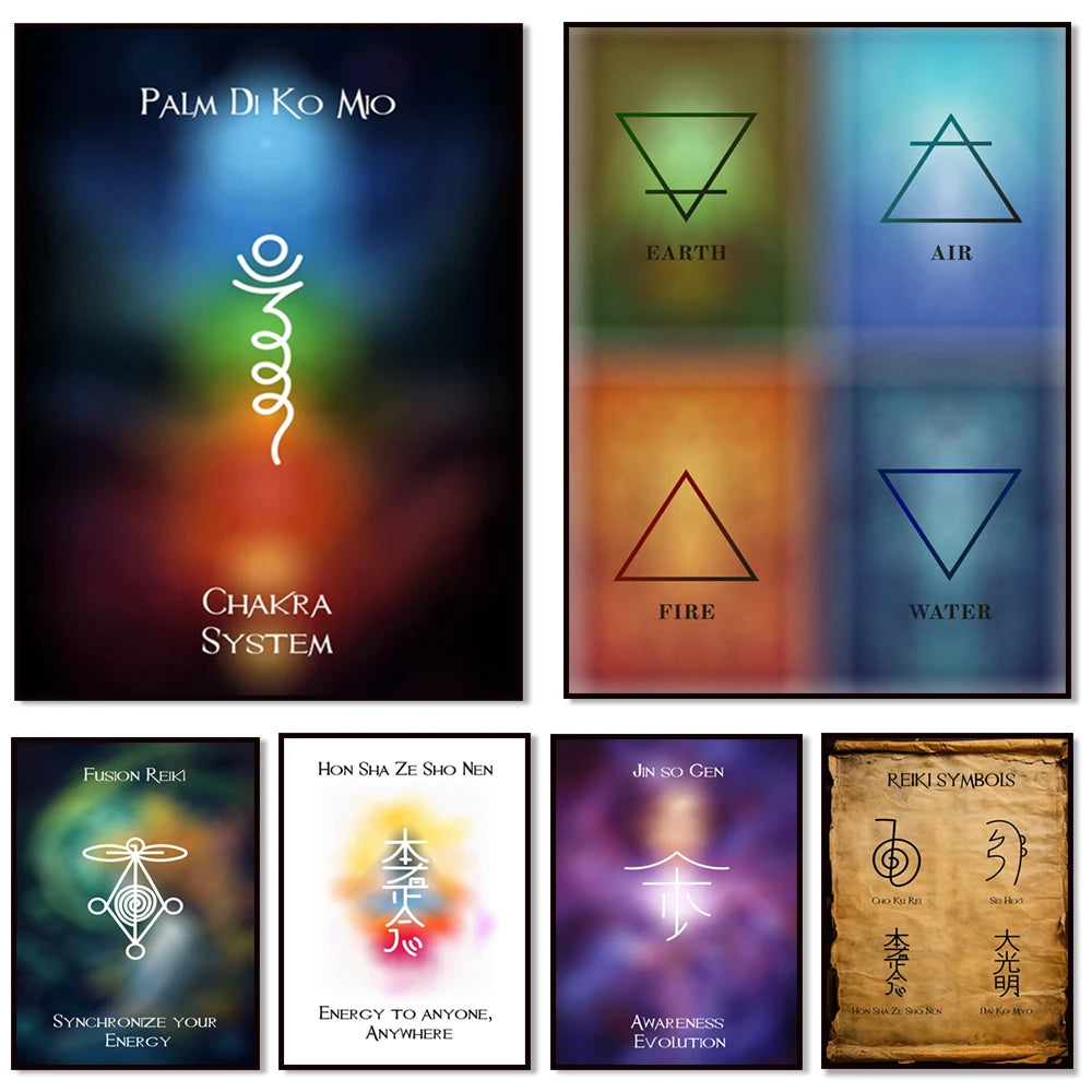 Affiche d'illustrations ésotériques et symboliques des éléments naturels, des systèmes énergétiques, et des techniques de guérison comme le reiki.