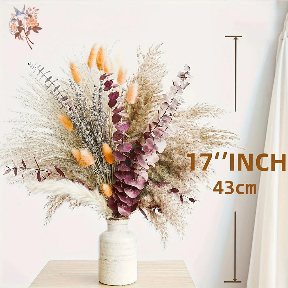 Bouquet fleurs séchées naturel marron beige violet blanc plumes pampas rustique maison table decoration