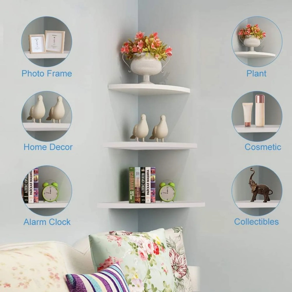 étagères angle blanc modernes adhésives rangement vase livres horloge cadre photo plantes cosmétiques objets
