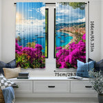 rideau moderne paysagiste bleu ciel nuages bateaux fleurs plage polyester 75x166cm