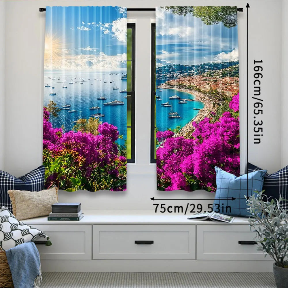 rideau moderne paysagiste bleu ciel nuages bateaux fleurs plage polyester 75x166cm