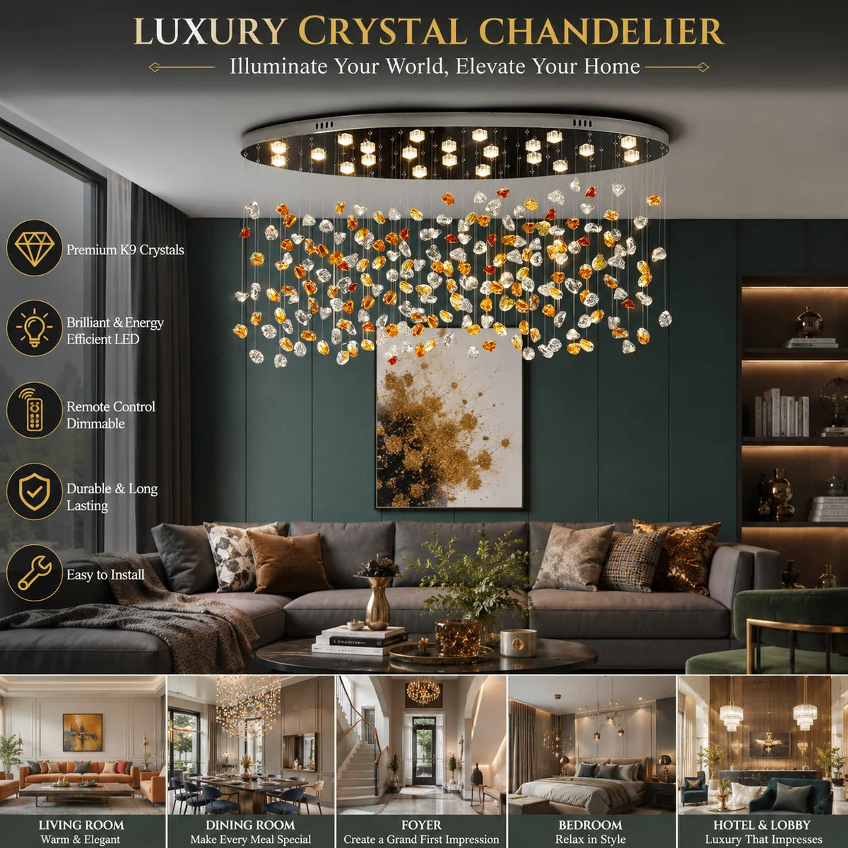 lustre moderne cristal transparent doré pendantes salon chambre