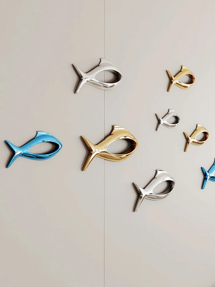 décoration murale poisson 3d moderne plastique adhésif argent bleu or salon
