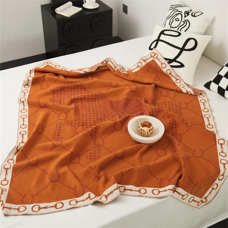 couverture tricotée acrylique moderne beige marron orange américain motif chaines carres portable printemps automne