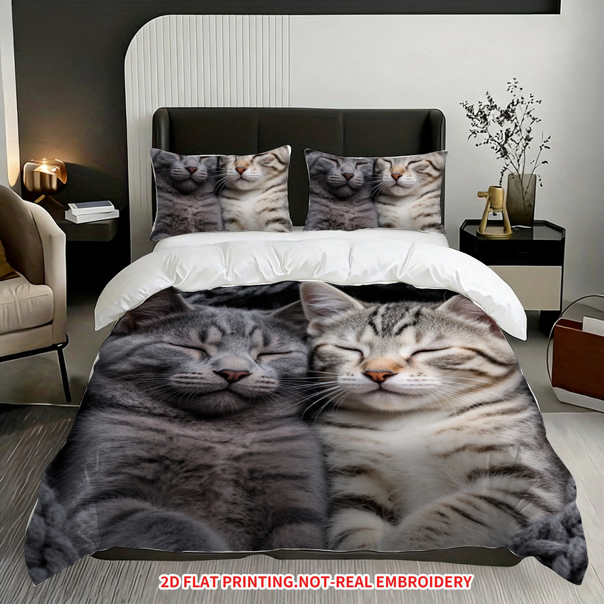 housse couette motif chats endormis gris blanc moderne machine lavable