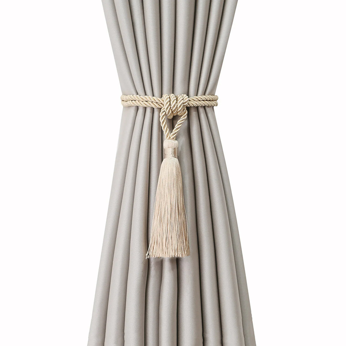 rideau attache pompon polyester beige gris or classique 45cm total 14cm pompon decoration interieur