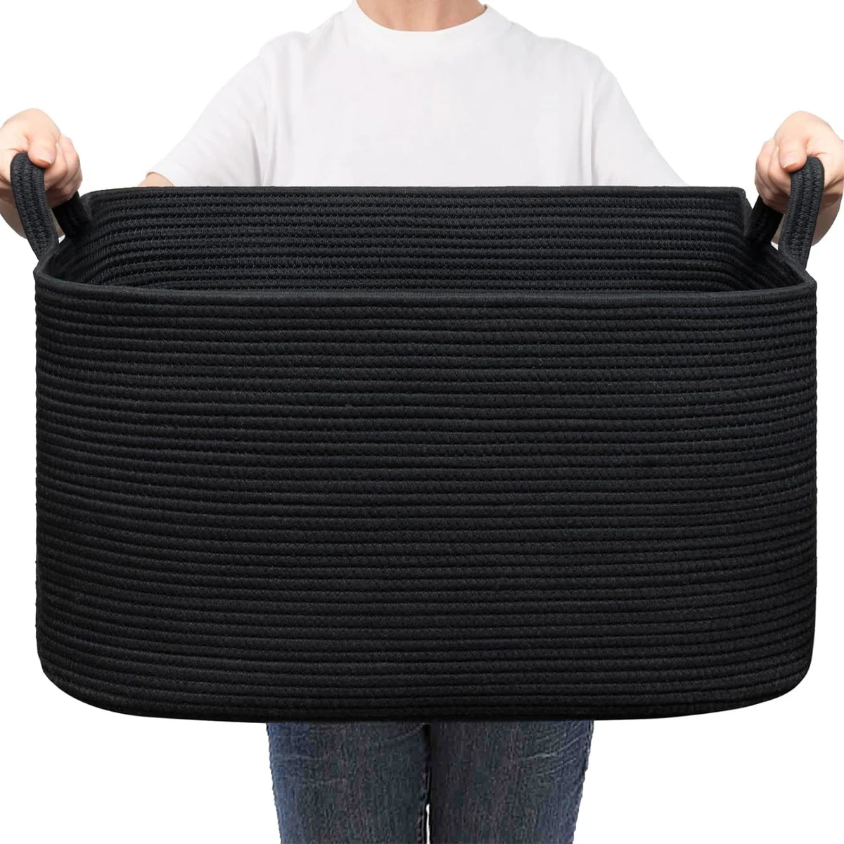panier rangement polyester blanc rayures horizontales moderne réutilisable 55L poignées organisation linge étagères