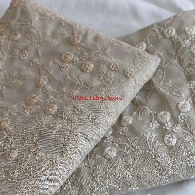 tissu coton lin brodé fleurs 3d beige clair classique decoration maison bricolage nappe oreiller