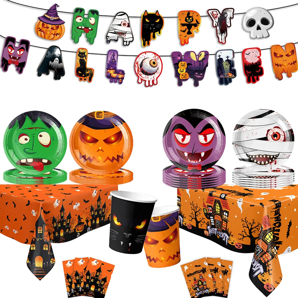 assiettes fantômes halloween citrouilles monstres serviettes gobellets sacs bonbons napkins bannières
