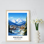 Illustration d'une station de ski enneigée dans un paysage montagneux, avec des bâtiments typiques d'un village de montagne situé au pied de montagnes enneigées sous un ciel bleu.