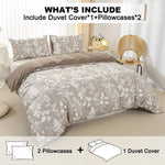 ensemble literie moderne housse couette fleurs feuilles motif floral beige clair blanc doux polyester